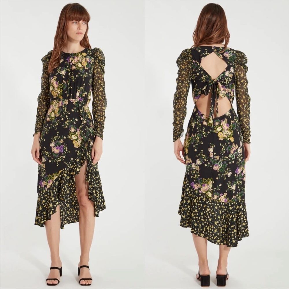 For Love And Lemons Ross Black Floral Tie Back Midi Dress XS